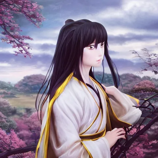 Prompt: a young beautiful prince, golden eyes, long black hair, white hanfu, elegant, intricate, backlit, incredible lighting, strong rim light, subsurface scattering, hyper realistic anime, beautiful landscape, cherry trees, highly detailed digital painting, by Heise Jinyao, Heise-Lian Yan Fang, Feimo, Rossdraws, Sakimichan HDRI, vivid colors, high contrast, unreal engine, cgsociety, octane render, trending on artstation, 8k