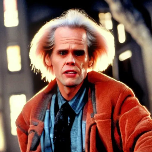 Prompt: stunning awe inspiring jim carrey as doc brown in the movie back to the future, movie still 8 k hdr atmospheric lighting