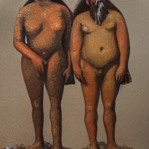 Image similar to a highly detailed oil painting of chalcolithic iberian man and woman, bell beaker people of the chalcolithic and early bronze age atlantic