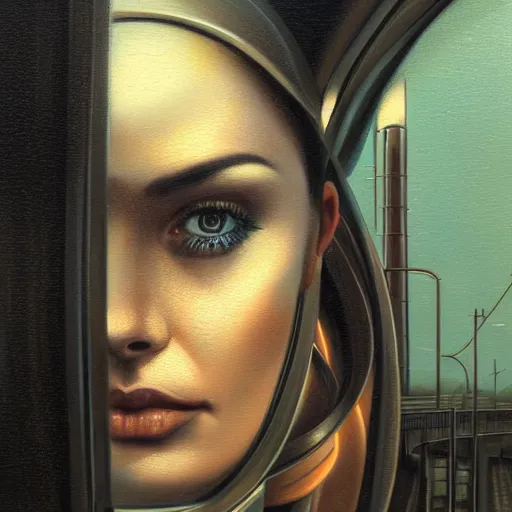 Image similar to detailed face of a woman, clockwork, moment, tectonic sky, skydome, bullet train, turbines, utopian, tech noir, wet reflections, prism, atmospheric, ambient, pj crook, syd mead, livia prima, artgerm, greg rutkowski, nick alm, casey baugh