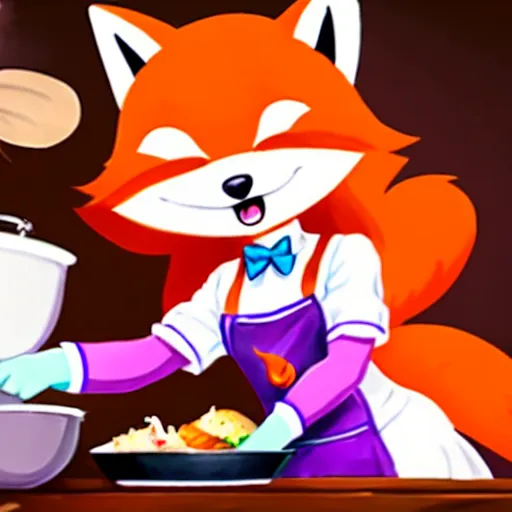 Image similar to a cute anthropomorphic fox girl maid preparing dinner in the kitchen. league of legends splash art