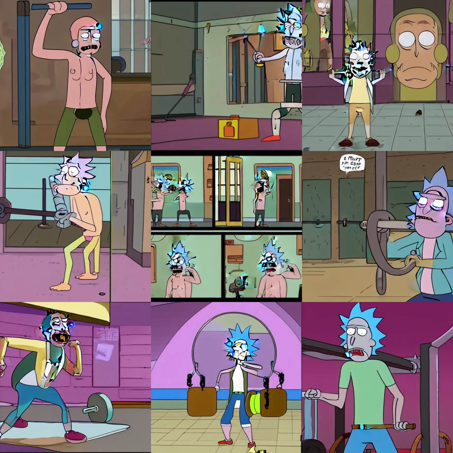 Prompt: a rat lifting light weights, heavily sweating at the gym Infront of a mirror. Rick and Morty style