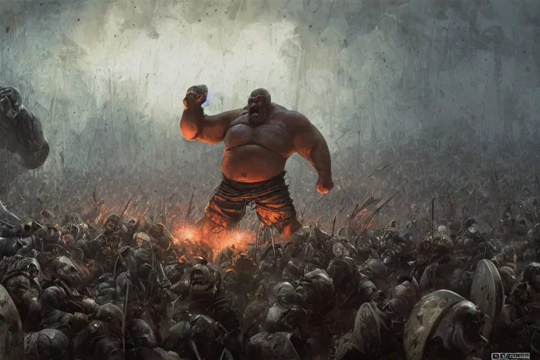 Prompt: worm's eye view of huge fat hulking dorian yates as viking laughing with fat bald warriors at night in fog, painted by greg rutkowski and piotr jablonski and jack kirby and jeremy mann, arstation, based on ogre kingdoms by cos koniotis