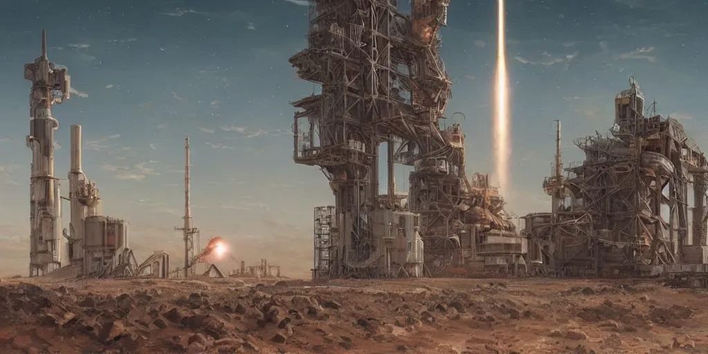 Prompt: anime spaceport rocket launch site in desert steampunk key by greg rutkowski night ultrahd fantastic details