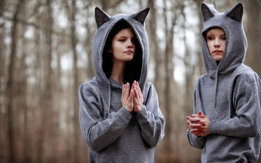 Image similar to human - like wolf in hoody stay in christian church and prays