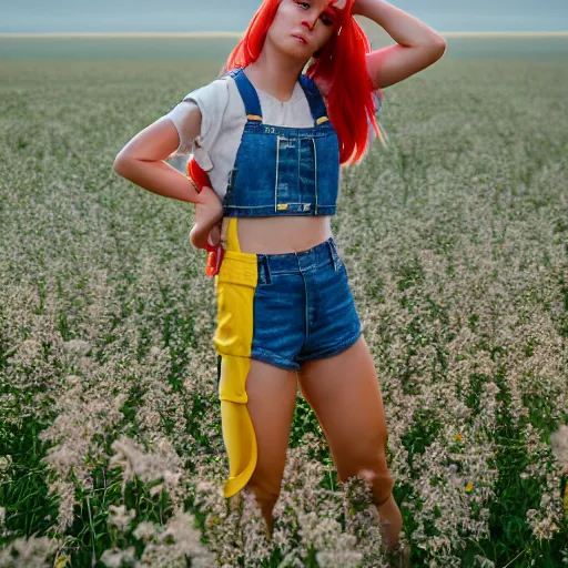 Prompt: misty from pokemon, wearing a yellow crop top and blue denim shorts with red suspenders on top, standing in a field, by gottfried helnwein, dslr full body portrait, sigma 8 5 mm f / 1. 8