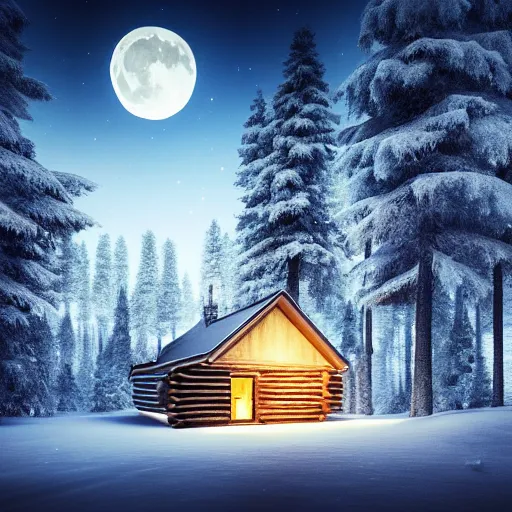 Image similar to Cabin in the woods, photorealistic, nighttime, bright moon, snow, snowy trees, snow storm, Lights from inside the house, raytracing, godrays, smokey chimney, cozy, forest, trees, extremely-detailed digital art, Trending on art station, 8k