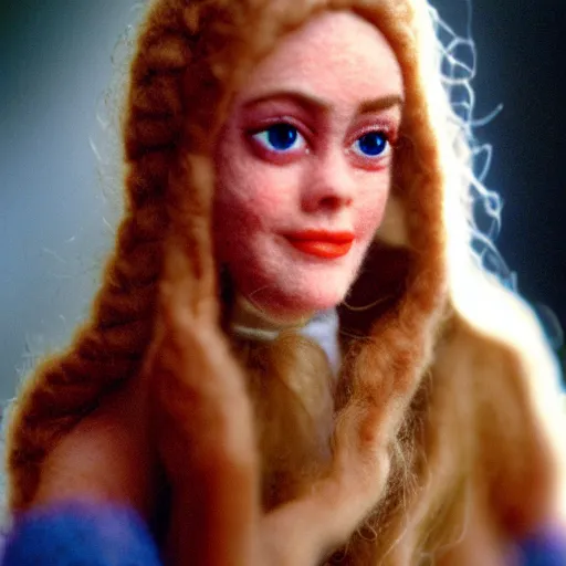 Image similar to needle felted alicia silverstone as cher from the movie clueless (1995), highly detailed, tilt shift, eerie, hyperrealism, highly textured, god rays