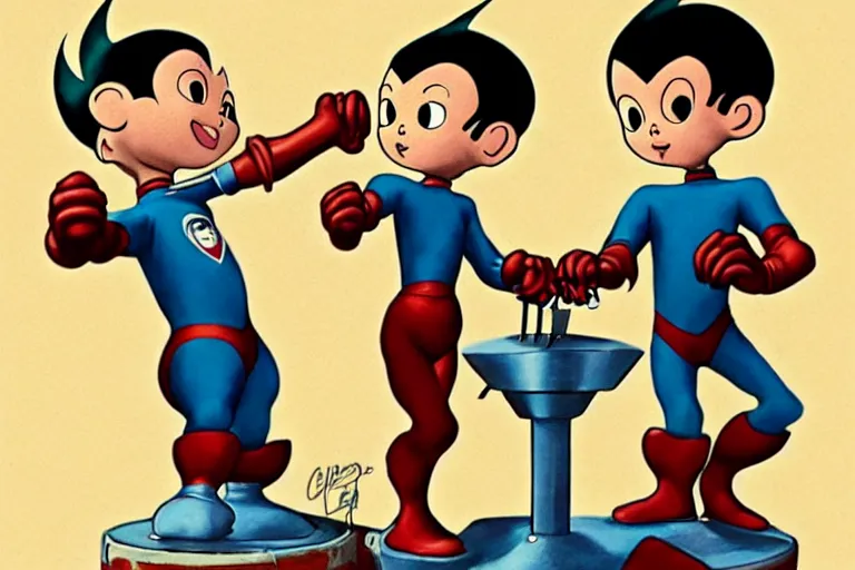 Image similar to a barber struggles to cut the hair of conjoined twins, style of astro boy, trending on artstation