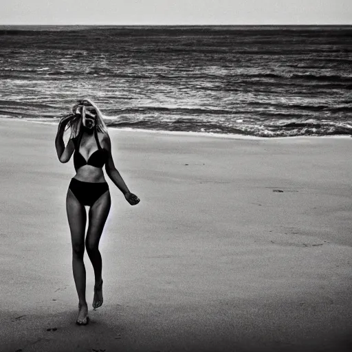 Image similar to beautiful bikini clad woman walking alone on a beach with a nuclear explosion in the background, rule of thirds