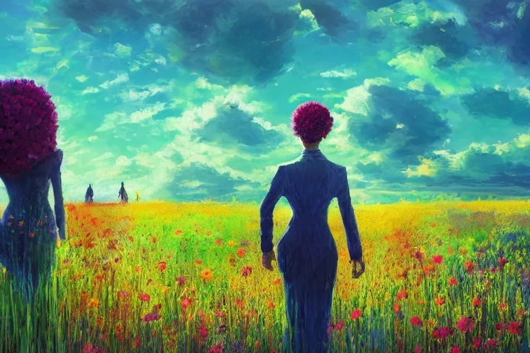 Prompt: closeup, giant flower head, girl in suit walking in field of flowers, surreal photography, sunrise, blue sky, dramatic light, impressionist painting, digital painting, artstation, simon stalenhag