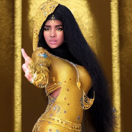 Image similar to aesthetic!!!!!! Female genie in Arabic clothing, black skin, long black hair, gold tint, frontal pose, super resolution, graphex camera!!!!!!!!!!!! Full-length view,