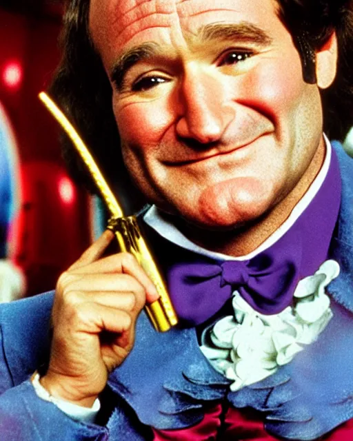 Image similar to Film still close-up shot of Robin Williams as Willy Wonka from the movie Willy Wonka & The Chocolate Factory. Photographic, photography