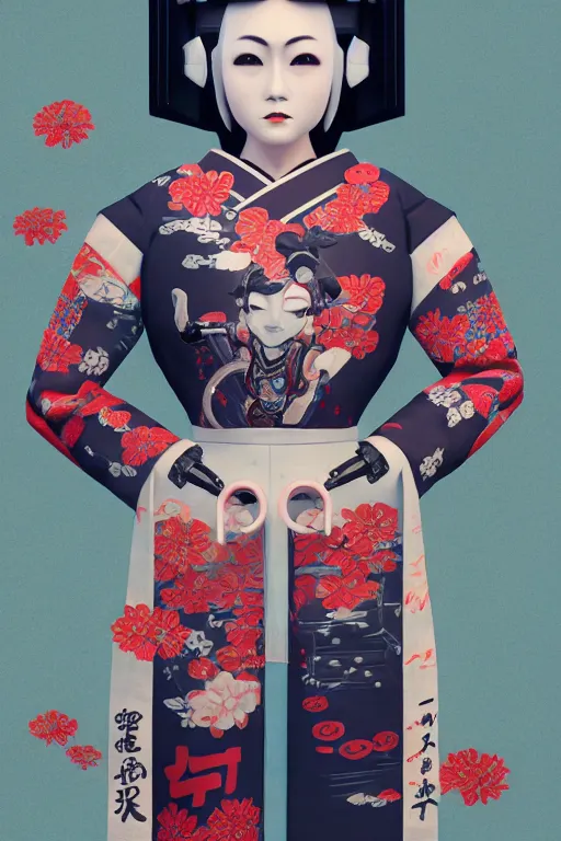 Image similar to full body portrait of a Japanese robot geisha with kanji tattoos and decals wearing a digital pixelated kimono, intricate design, photorealistic, octane render, raytraced, ultra fine detailed, character design, trending on artstation