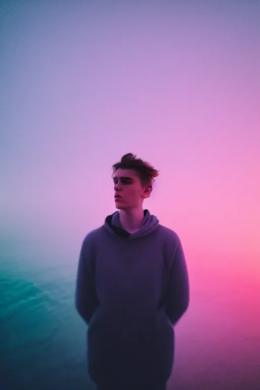 Prompt: high quality pastel coloured film mid angle selfie photograph of a beautiful young man, soft features, standing in an icelandic black rock environment. atmospheric. three point light. photographic. art directed. ( pastel colours ). volumetric light. stark. waves glitch. 8 k. filmic.