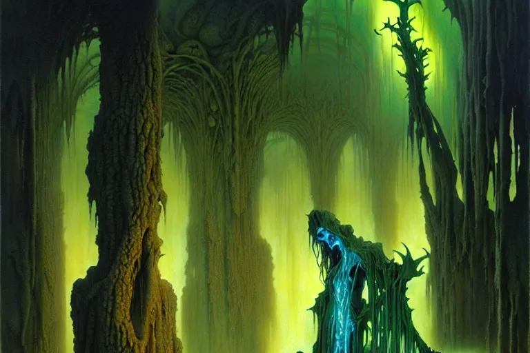 Prompt: shades of forgotten misery and despair by michael whelan and roger dean and brom and hubert robert and greg staples and donato giancola, beautiful, mythical, flesh robe, highly detailed, hyperrealistic, intricate, energy, electric, blue flame, low light, green crystal, high contrast, old and young, lifelike