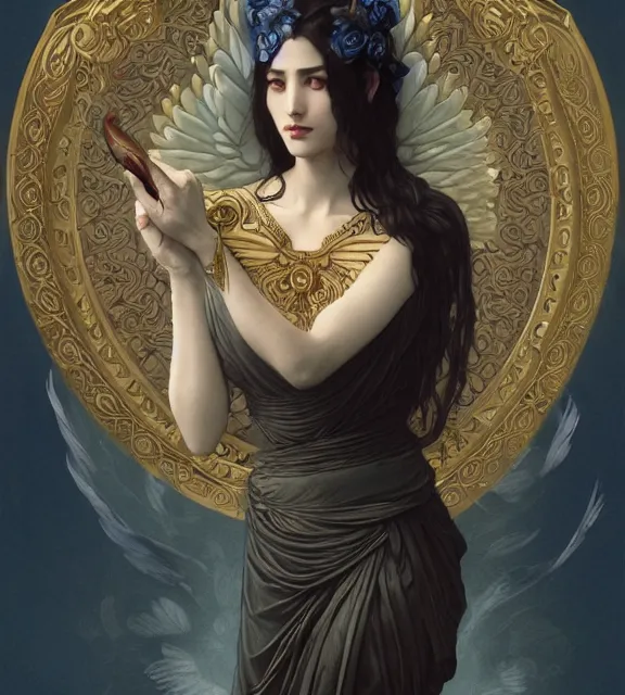 Image similar to god of death, in the underworld, elegant dark blue dress, very detailed, throne, very intricate details, jewelry, delicate tattoos, elaborate long hairstyle, wings, cinematic, artstation, william bouguereau, alphonse mucha, greg rutkowski, rossdraws, octane render