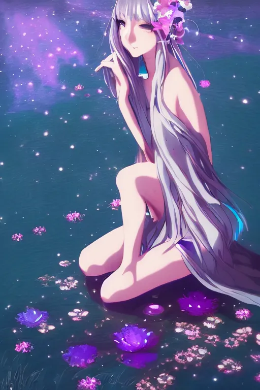 Prompt: whimsical, anime, 4k, beautiful intimate woman with professional makeup, long purple hair, a crystal and flower dress, sitting in on a reflective pond underneath the stars, rainbow fireflies, trending on patreon, deviantart, twitter, artstation, subtle and detailed, heavy contrast, art style of Ross Tran and Ilya Kuvshinov