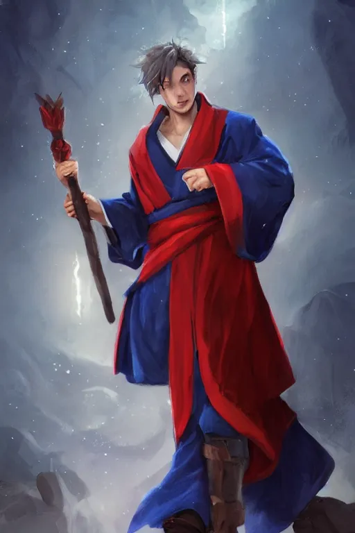 Image similar to Picture of handsome young wizard, Red and blue robes, short dark blue hair, book in hand, no hat, casting pose, artstationHQ, artstationHD, trending in artstation, gelbooru, high fantasy, matte painting, colorful