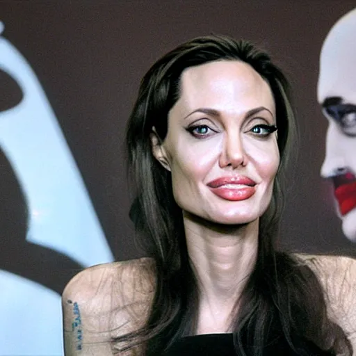 Image similar to oil painting of angelina jolie holding a press conference to announce herself as the director and star of the new batman movie. hollywood, 2 0 0 4.