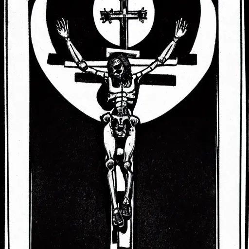 Prompt: A crucifix made of light, with two evil skeletons on both sides. Dark Fantasy, Film Noir, Black and White. High Contrast, Mike Mignola, D&D, OSR