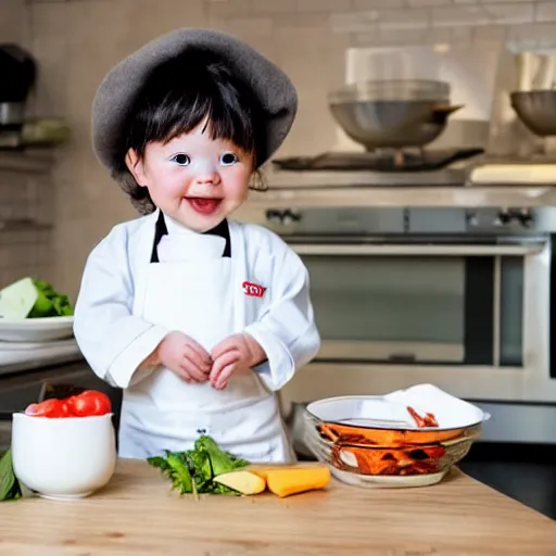 Image similar to tiny and innocent baby yoda appears as a chef wearing a white chefs hat and apron in a beautiful kitchen, preparing some food