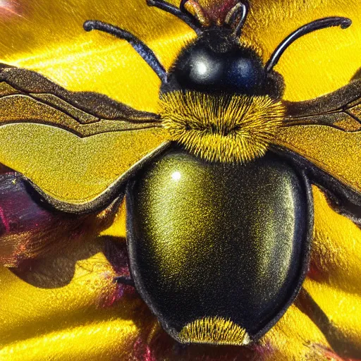 Image similar to metallic bumblebee flying over tulip made from rusty iron, studio photo, very detailed, spot lighting