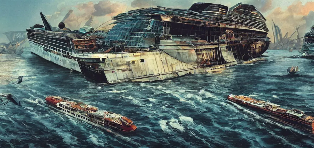 Image similar to an abandoned cruise ship in the River Thames, syd mead style, futurism, cinematic shot, hyper realistic, hyper detailed