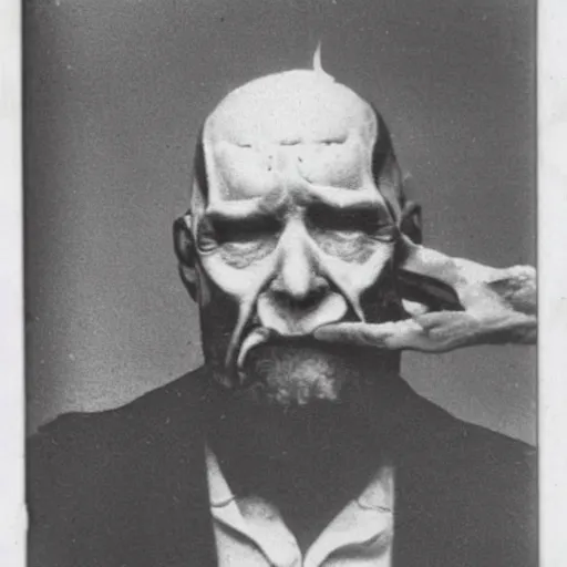 Image similar to a realistic polaroid photo of an old man after a failed experiment inside a laboratory, the head of the old man is burned, cosmic horror