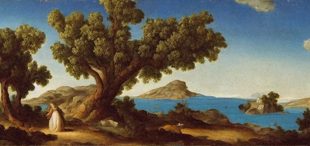 Prompt: 1 7 th century oil painting of a greek island! dreamy! landscape! olive trees!! woman in a long white dress silhouette!! in the distance on the island! blue sea!!