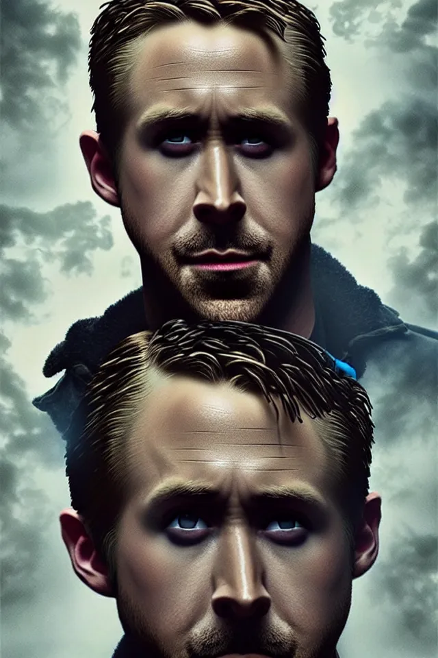 Image similar to Ryan Gosling As The Punisher, skull face makeup, head and shoulders portrait, stormy weather, extremely detailed masterpiece, oil on canvas, low-key neon lighting, artstation, Blade Runner 2049, Roger Deakin’s cinematography, by J. C. Leyendecker and Peter Paul Rubens and Edward Hopper and Michael Sowa