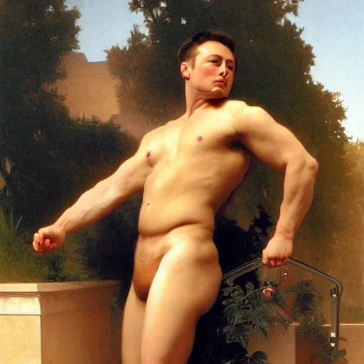 Image similar to Painting of muscular Elon Musk. Art by william adolphe bouguereau. During golden hour. Extremely detailed. Beautiful. 4K. Award winning.