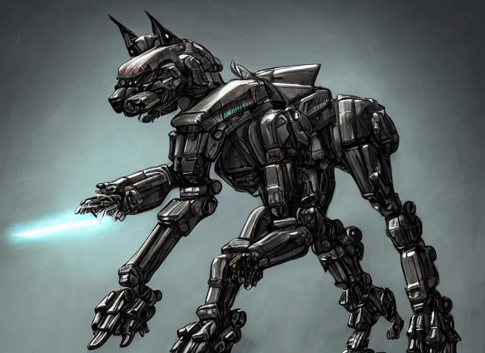 Image similar to hyper realistic, epic, highly detailed cinematic shot of a gigantic feral robot mecha canine, sharp dragon claws, detailed glowing head, metal ears, cannon mounted on back, sleek armor, glowing visor, detailed sharp claws, digital art, furry art, macro art, dragon art, furaffinity, deviantart, sofurry