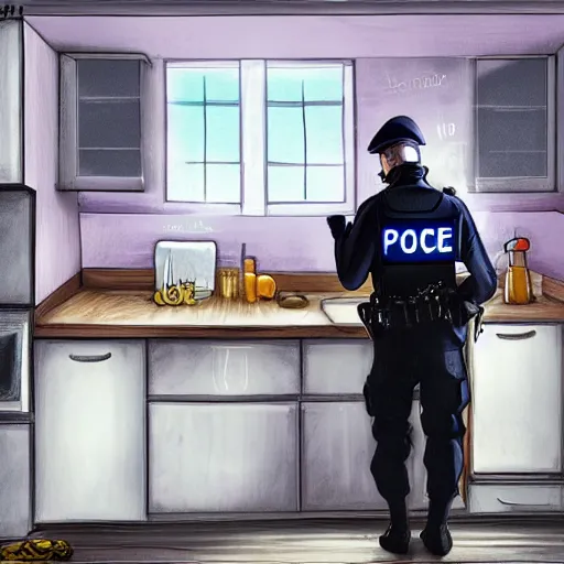 Image similar to A police officer wearing rubber gloves to wash dishes in kitchen, highly detailed, ambient lighting, trending on art station