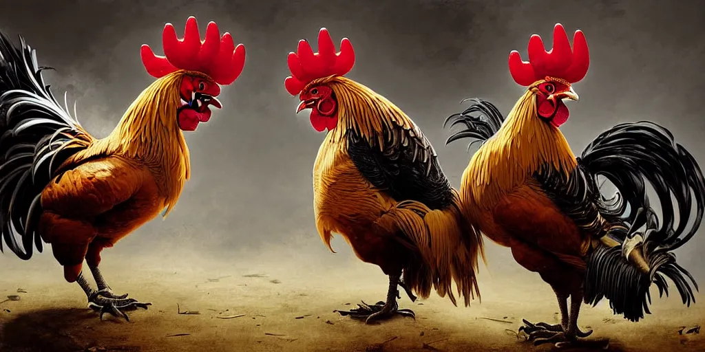 Image similar to digital painting of two roosters fighting, by karl wilhelm de hamilton and greg rutkowski, dieselpunk, steampunk, highly detailed, intricate, sharp focus, portrait, talons, anatomy, beak, wings