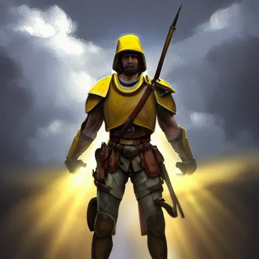 Image similar to a full body shot from distance of a great soldier with a yellow and blue flag standing in the beam of light from the clouds in a triumph after battle, western, masculine figure, D&D, fantasy, intricate, elegant, highly detailed, digital painting, artstation, concept art, matte, sharp focus, symmetrical, illustration, art by Artgerm and Greg Rutkowski and Alphonse Mucha