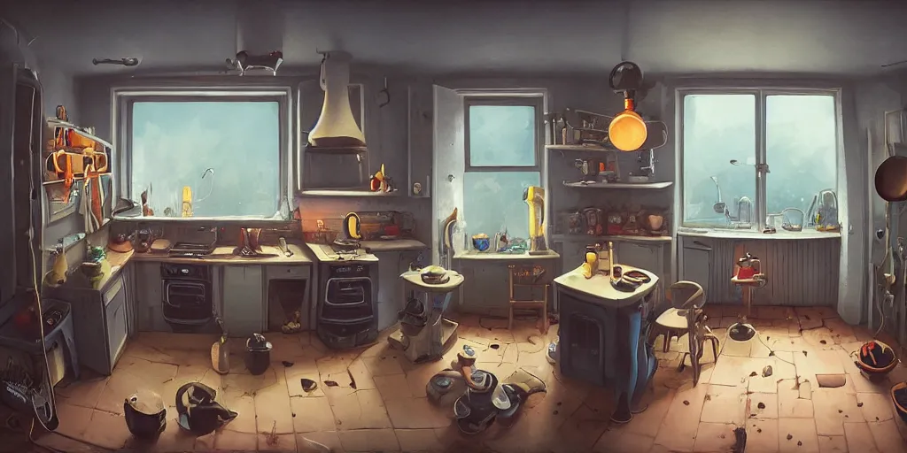 Image similar to minimalistic kitchen dim lit by a candle simon stalenhag gerald brom, fisheye camera, extreme perspective