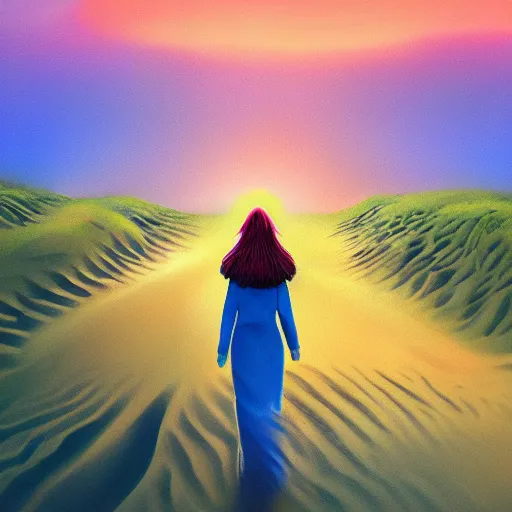 Image similar to closeup giant dahlia flower head, a girl walking between dunes, surreal photography, sunrise, blue sky, dramatic light, impressionist painting, digital painting, artstation, simon stalenhag