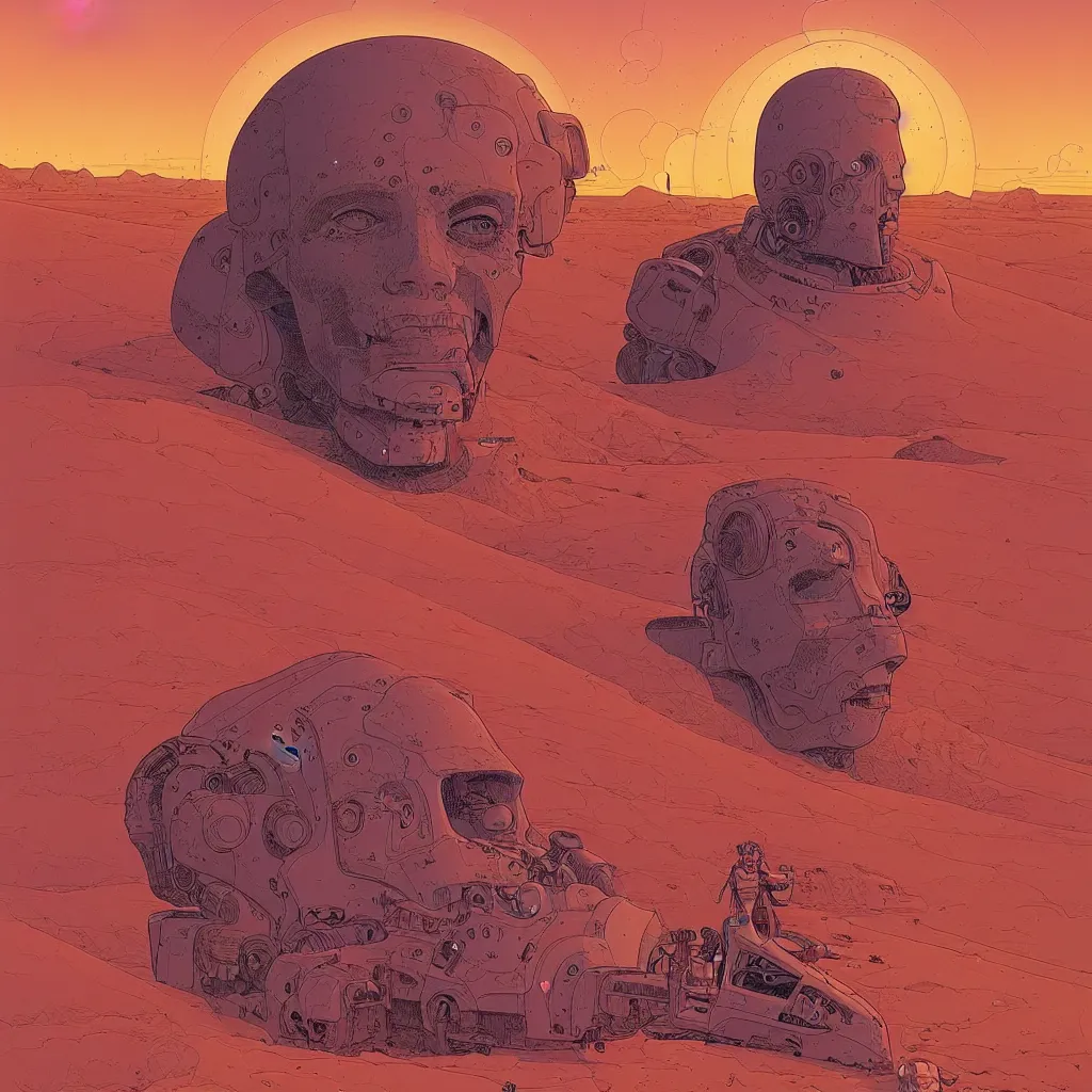 Prompt: a illustration of a large head of a cyborg half buried in the desert, little people watching fine art, intrincate, by moebius, jean giraud & kilian eng
