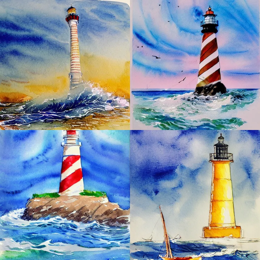 Prompt: A highly detailed beautiful sketch of a dazzling lighthouse, and a serene sailboat catching the wind, pristine rippling oceanic waves, by Orris Moe, vibrant watercolor painting.