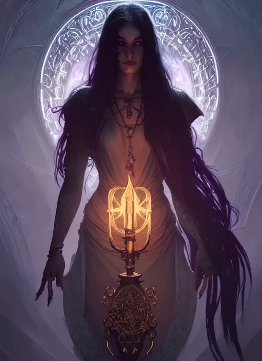 Image similar to Necromancer Sorceress, fantasy magic, undercut hairstyle, dark light night, intricate, elegant, sharp focus, illustration, highly detailed, digital painting, concept art, matte, art by WLOP and Artgerm and Greg Rutkowski and Alphonse Mucha, masterpiece