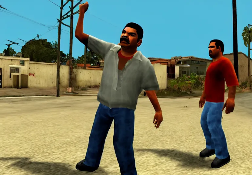 Prompt: A screenshot of George Lopez in GTA San Andreas.