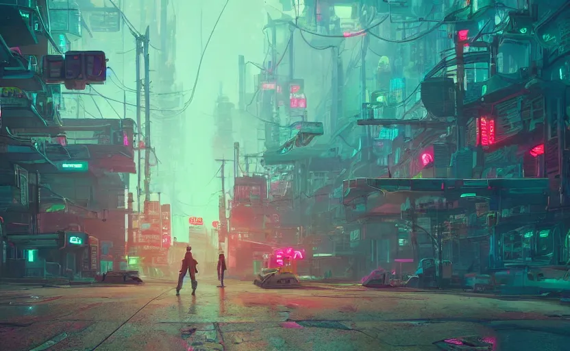 Image similar to an neon cyberpunk abandoned post-apocalyptic city with lonely robots wandering the streets, simon stålenhag, rendered by Beeple, by Makoto Shinkai, syd meade, starwars, space art concept, digital art, unreal engine, WLOP, trending on artstation, 4K UHD image, octane render,