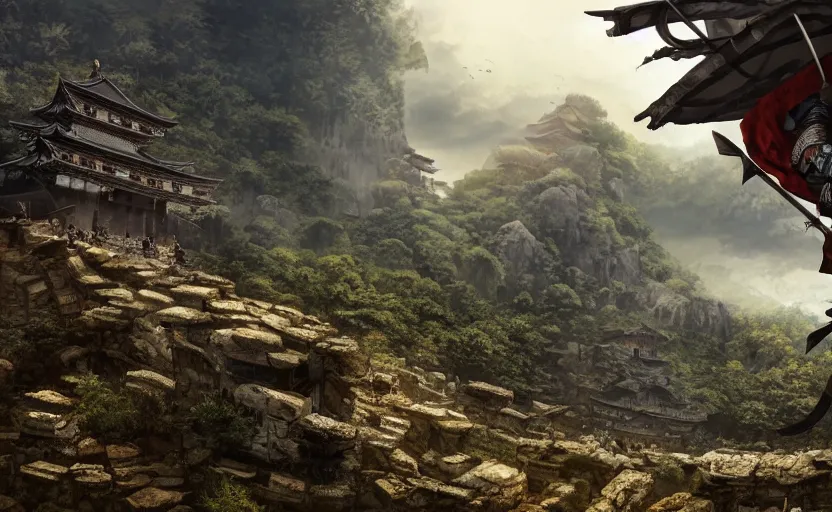 Image similar to highly detailed digital illustration of shinobi warrior jumping from the roof of old, ruined, japanese fort from sengoku period, surrounded by dense rock formations, high in mountains, cinematic lighting, photobash, raytracing, volumetric lighting
