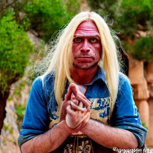 Image similar to a goblin with blonde long hair visiting Valle dei Templi, Agrigento, Italy