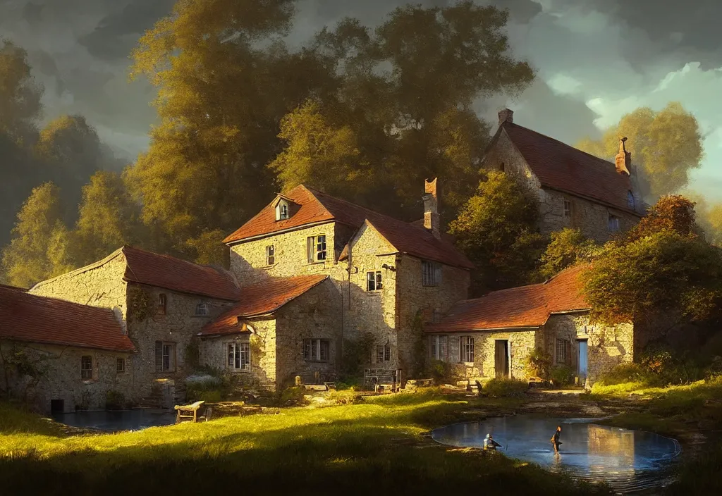 Prompt: a small georgion country house with a gravel path and small fishpond, cinematic view, blue sky, detailed, concept art, high angle, high detail, warm lighting, volumetric, godrays, vivid, trending on artstation, by jordan grimmer, art greg rutkowski