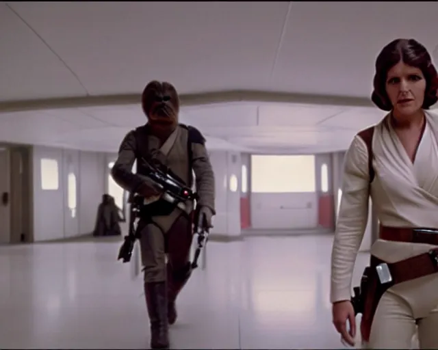 Prompt: screenshot of Han Solo standing next to Princess Leia Organa kiss, alone, pensive, iconic scene from 1970s Star Wars film directed by Stanley Kubrick, in a sci fi nursing home architecture, last jedi, 4k HD sharp, cinematic still frame, photoreal, detailed face, moody lighting, stunning cinematography, anamorphic lenses, kodak color film stock