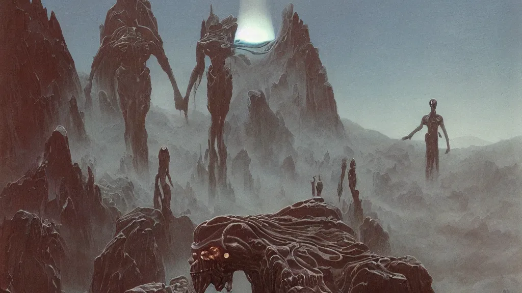 Image similar to eerie atmospheric evolving alien planet by gerald brom and vincent di fate, epic cinematic matte painting