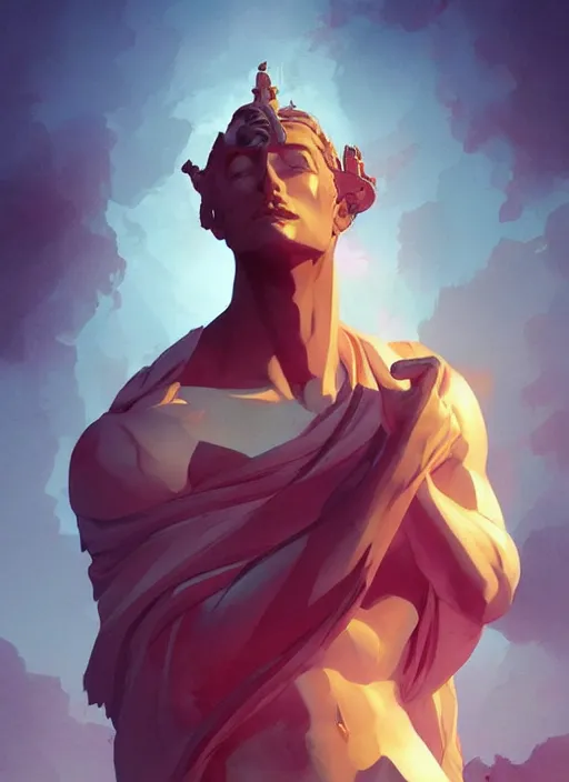 Prompt: broken statue of a king, in the style of artgerm, charlie bowater, sam guay, atey ghailan and mike mignola, vibrant colors and hard shadows and strong rim light, plain background, comic cover art, trending on artstation