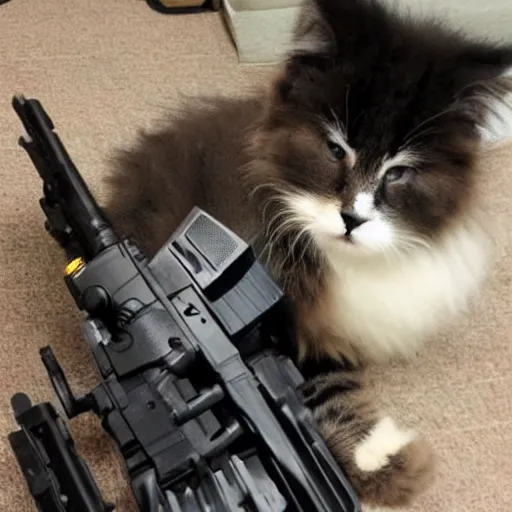 Image similar to cute fluffy cat with lots of guns